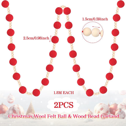 Barydat 144" Christmas Red Wool Felt Ball Garland with Wood Bead Pom Pom Garland, Felt Garland Pompom Garland Decor Christmas Garlands Christmas Tree Decoration for Wall Ceiling Door Home
