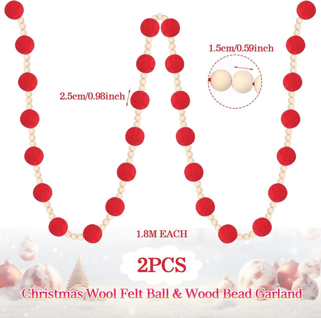 Barydat 144" Christmas Red Wool Felt Ball Garland with Wood Bead Pom Pom Garland, Felt Garland Pompom Garland Decor Christmas Garlands Christmas Tree Decoration for Wall Ceiling Door Home