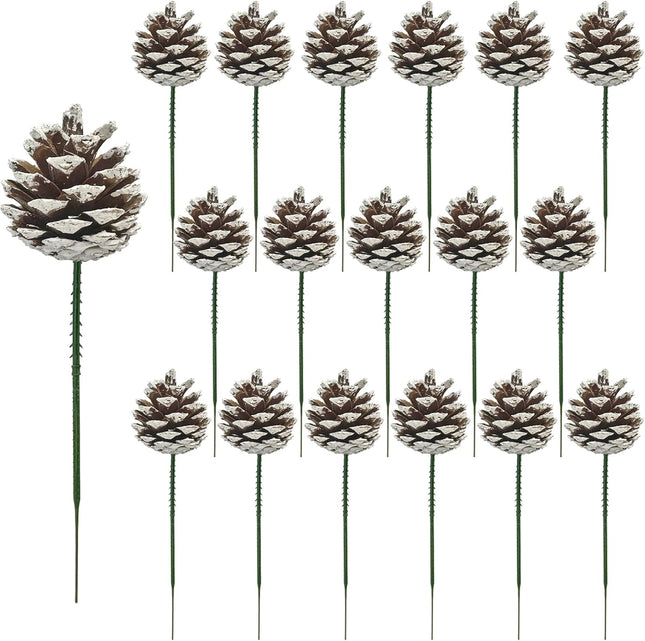 20 PCS Christmas Pine Cones, 2-2.4 Inch Large Natural Pine Cones, Snow Pinecones with 5 Inch Wired Pick for Christmas Tree, Holiday Wreath Garland Ornaments DIY Craft Decorations