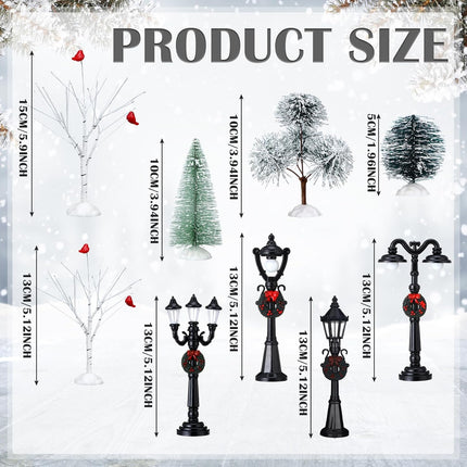 14 Pcs Christmas Accessories Village Figurine Miniature Pine Trees Snow Artificial Christmas Trees Bare Branch Trees Street Lights Lamps for Xmas DIY Crafts Winter Room Landscape (Vibrant Style)