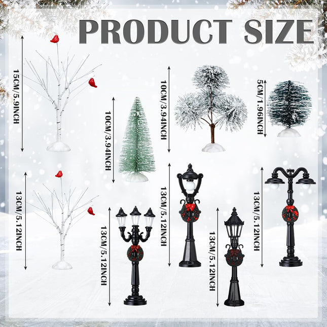 14 Pcs Christmas Accessories Village Figurine Miniature Pine Trees Snow Artificial Christmas Trees Bare Branch Trees Street Lights Lamps for Xmas DIY Crafts Winter Room Landscape (Vibrant Style)