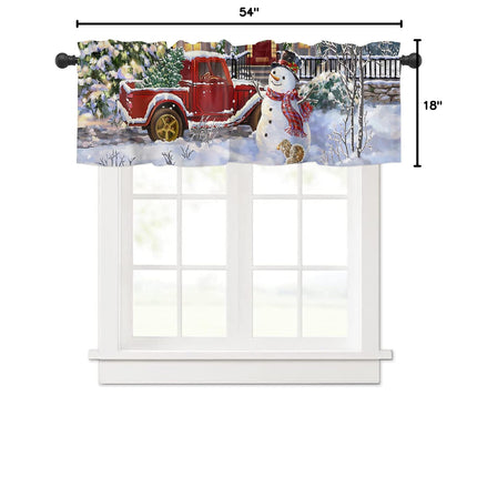 Christmas Snowman Valances Windows Curtain Red Truck with Xmas Tree Kitchen Valances Rod Pocket Snowy Winter Short Topper Curtains for Winter Holiday Christmas Decorations 1 Panel,54 by 18 inches