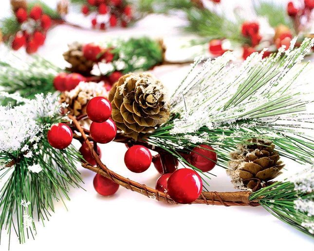 Christmas Garland Winter Red Berries Holiday Decoration Pine Cones, Evergreen Pine Needle – Unlit Berry Garlands Xmas Decor, Kitchen, Bar, Fireplace/Indoor/Outdoor Greenery with Snow 6 Ft Long (6ft)