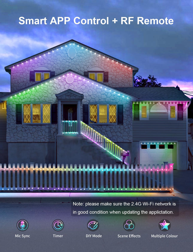 Permanent Outdoor Lights 74ft, Smart RGB+IC 60 LED Eaves Lights with 54 Scene Modes, IP65 Waterproof Outdoor LED Lights for Party, Roof, Garden, Game Day, Work with Alexa, Google Assistant