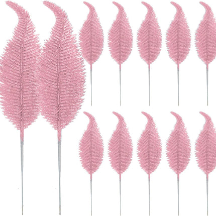 20 Pieces Artificial Christmas Glitter Leaves Branches Sparkly Fake Leaf Sprays for Christmas Tree Picks 10" Ornament Flower Arrangements DIY Crafts Wreaths Holiday Decoration Tree Fillers (Pink)