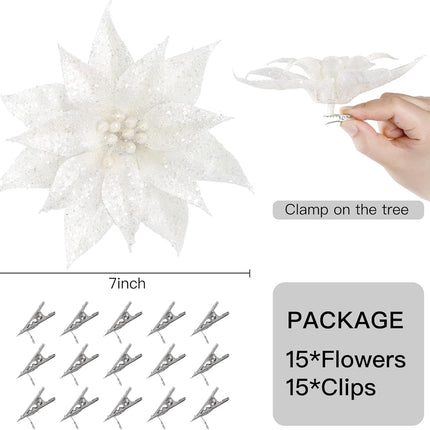 Sggvecsy 15 Pcs Christmas Glitter Flowers Christmas Tree Ornaments Shining Artificial Poinsettia Christmas Flowers Decoration with Clips for Xmas Holiday Wedding Wreath Party Floral Decorations(White)
