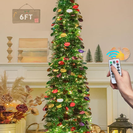 HMASYO 6 FT Pop Up Christmas Tree with 100 LED Lights & Remote, Green Tinsel Artificial Pencil Christmas Tree Xmas Decoration for Home, Office, Party, USB Powered Timer Lights, Easy Assembly