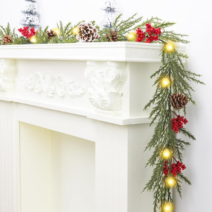 Christmas Garland with Lights, 6FT Artificial Red Berry Xmas Garland and Pinecones, Battery Operated with 20 Globe LEDs for Mantle, Front Door, Stairs Railing, Home Holiday, Indoor, Outdoor Decor