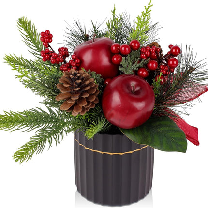 Mini Christmas Tree, Artificial Potted Christmas Tree with Apples Pine Cones Berries Ribbon Tabletop Small Christmas Floral Arrangements in Pot Xmas Centerpieces for Tables Desk Mantle Decor-10.2''