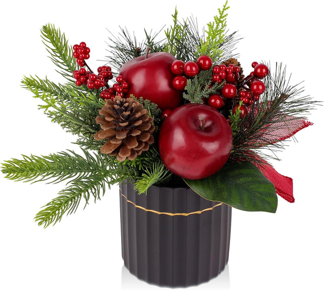 Mini Christmas Tree, Artificial Potted Christmas Tree with Apples Pine Cones Berries Ribbon Tabletop Small Christmas Floral Arrangements in Pot Xmas Centerpieces for Tables Desk Mantle Decor-10.2''