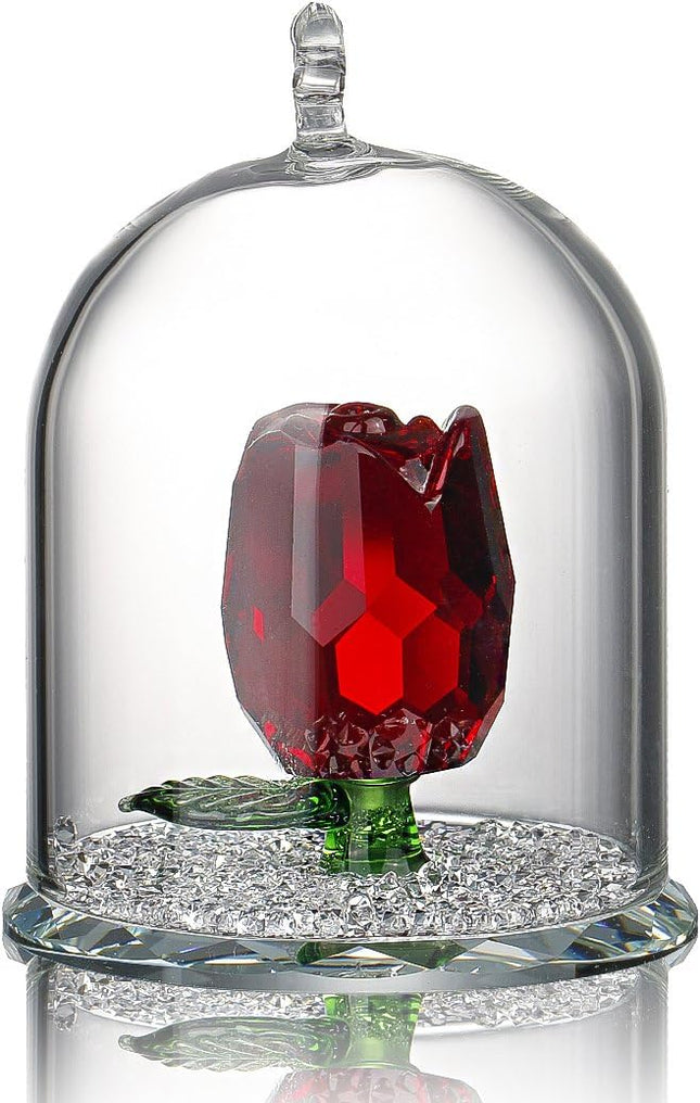 H&D HYALINE & DORA H&D Crystal Rose Flower Figurine Dreams Ornament in a Glass Dome s for her (Red)