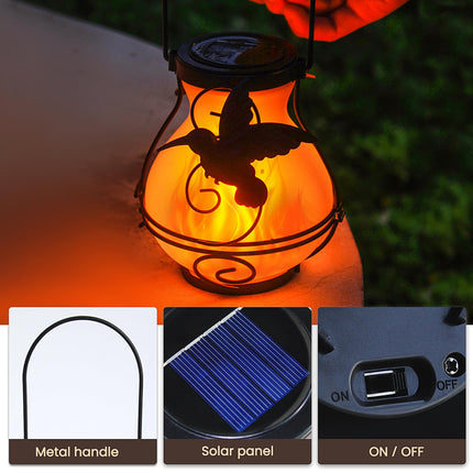 2 Pack Solar Flickering Flame Lights,Outdoor d Solar Metal Lantern for Hanging Solar Powered Waterproof LED Flame Glass Lanterns for Patio Garden Christmas Halloween Decorations