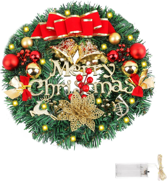 12inch Christmas Wreath with LED Light String, Luminous Wall Mount Door Wreath, Celebrating Holiday Merry Christmas Decoration for Outdoor Indoor Party Table Room