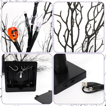 24Inch Black Halloween Spooky Tree with Purple & Orange Lights,Lighted up Halloween Decorations,Halloween Tabletop Decor with Pumpkin & Bat Ornaments for Indoor Home Party Deco