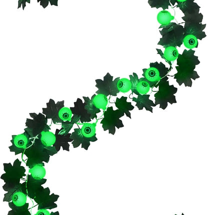 Ouddy Decor Lighted Halloween Garland, Total 10 FT 30 LED Black Maple Leaves Garland with Eyeballs Lights Waterproof Timer Battery Operated for Indoor Outdoor Home Halloween Decorations, Green