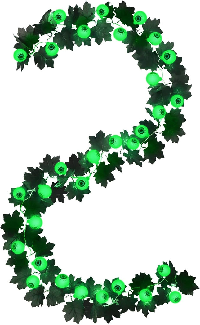 Ouddy Decor Lighted Halloween Garland, Total 10 FT 30 LED Black Maple Leaves Garland with Eyeballs Lights Waterproof Timer Battery Operated for Indoor Outdoor Home Halloween Decorations, Green
