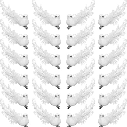 24pcs Artificial White Doves Decoration with Metal Clips, White Feathered Mini Birds Clip on Tree Ornaments for DIY Crafts Christmas Tree Ornaments, Wreaths, Wedding Decor
