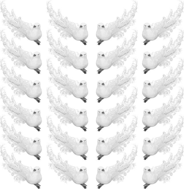 24pcs Artificial White Doves Decoration with Metal Clips, White Feathered Mini Birds Clip on Tree Ornaments for DIY Crafts Christmas Tree Ornaments, Wreaths, Wedding Decor