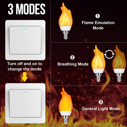 E12 Flame Bulbs 12 Pack, 3 Mode LED Candelabra 2.0 Watt Warm White Chandelier 1800k Candle Light Bulbs, Flame Tip for Christmas Party Decorations