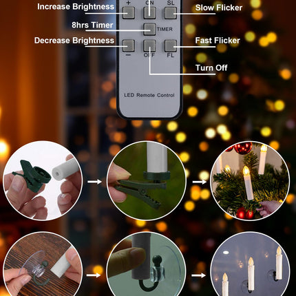 Homemory 20 PCS LED Window Candles with Remote Timer, Battery Operated Flameless Taper Christmas Candles Light with Clips/Suction Cups, Flickering Warm White Light, Dia 0.7''x 4''