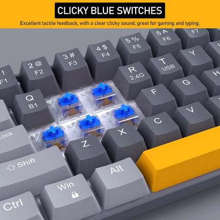Wireless 60% Mechanical Gaming Keyboard, 3 Connection Mode Keyboard with Clicky Blue Switches, Portabl Compact Black&Grey Keyboard,68 Keys Mini Keyboard for Mac/Windows,Gamer,Typist,Travel,Trip