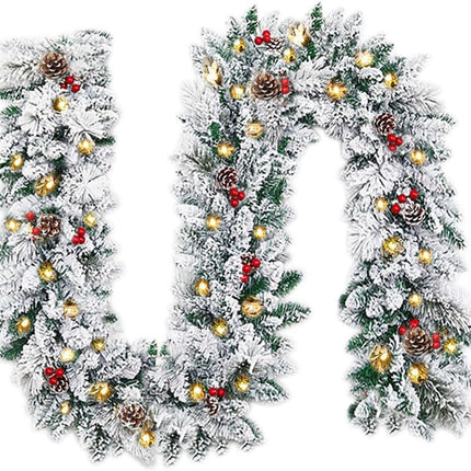 Christmas Garland with Lights,Prelit Xmas Garlands with Timer, 9ft Lighted Xmas Garland Snow for Mantle Staircase Front Door Stairs Railing Window Fireplace Winter Outdoor Home Decorations