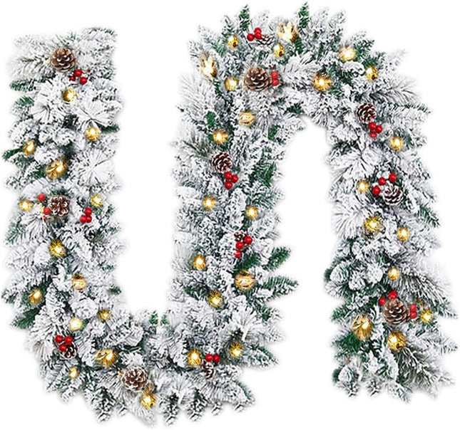Christmas Garland with Lights,Prelit Xmas Garlands with Timer, 9ft Lighted Xmas Garland Snow for Mantle Staircase Front Door Stairs Railing Window Fireplace Winter Outdoor Home Decorations
