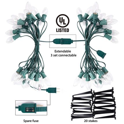 Christmas Pathway String Lights Outdoor - 25.7 Ft. C9 20 Clear Lights with 20 Stakes Connectable Waterproof for Indoor Xmas Party Holiday Commercial Decoration, Warm White