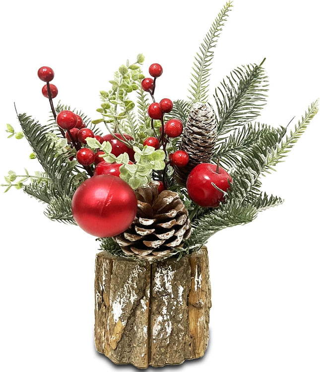 Christmas Table Decorations Small Tabletop Christmas Tree Artificial Mini Xmas Tree with Holiday Ornaments Red Berry Apple Pine Cone for Indoor Home Room Party Christmas Decor