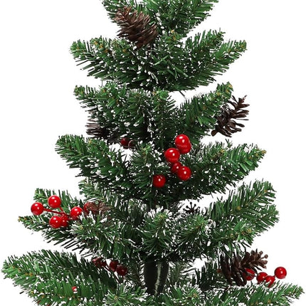 Festive 60cm Tabletop Christmas Tree in PVC, Stable Cement Base, Wrapped in Burlap, Whitened Branches, 68 Tip Counts, Topped with 6 Red Berries, 6 Simulation Pine Cones