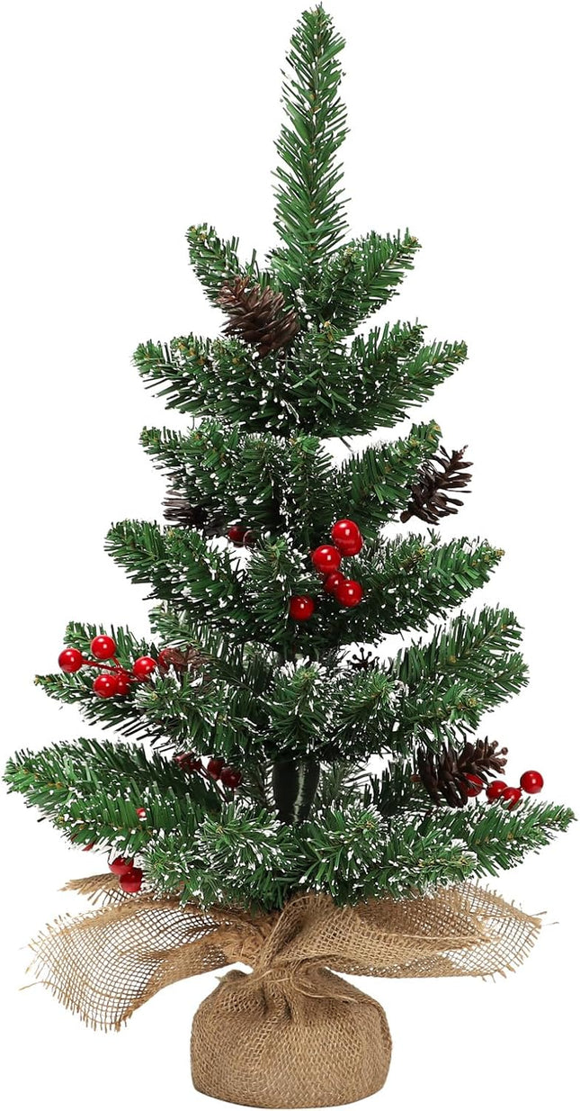 Festive 60cm Tabletop Christmas Tree in PVC, Stable Cement Base, Wrapped in Burlap, Whitened Branches, 68 Tip Counts, Topped with 6 Red Berries, 6 Simulation Pine Cones