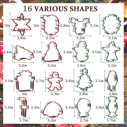 16 Pcs Christmas Cookie Cutters Set with Comfort Grip, 2.5" Stainless Steel Holiday Cookie Cutters for Baking Christmas Shapes, Christmas Candy, Car, Wreaths, Snowman, Xmas Party Supply Baking s