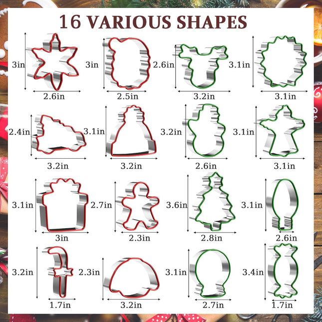 16 Pcs Christmas Cookie Cutters Set with Comfort Grip, 2.5" Stainless Steel Holiday Cookie Cutters for Baking Christmas Shapes, Christmas Candy, Car, Wreaths, Snowman, Xmas Party Supply Baking s