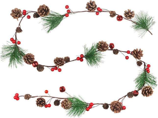 6.6FT Christmas Garland Decoration Pine Garland Cedar Garland Pine Cones Garland with Red Berry Bells Christmas Garland for Mantle Tree Stairs Railing Door Decoration Winter Indoor Outdoor Decor