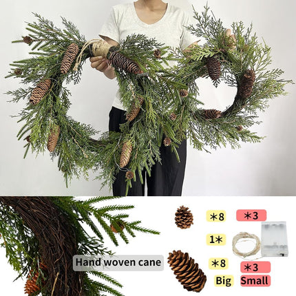 2-Pack 24in Artificial Christmas Wreaths for Front Door Green Pine Needle Pine Cone Christmas Wreath with Lights Christmas Decoration Holiday Window Wedding Decor Wreath