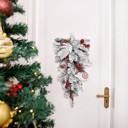 SHACOS 30" Flocked Christmas Teardrop Swag Artificial Snow Pine Spruce Cedar Decorative Swag Red Berries Christmas Balls Pine Cones Swag for Front Door Window Wall Stairs Xmas Decor