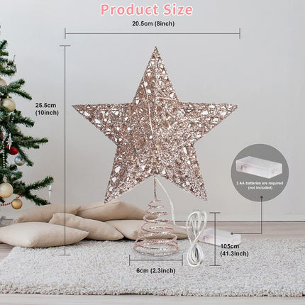 10Inch Christmas Tree Topper Star, Rose Gold Christmas Ornaments Treetop, 20 LED Light Up Tree Toppers Christmas Tree Decoration, Glittered Metal Christmas Star for Christma Tree Ornament Pink Decor