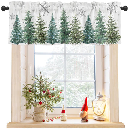 DecorLovee Green Christmas Tree Curtains Valances for Windows Living Room, Xmas Tree Curtain Toppers and Valances for Bedroom, Winter Snowflake Rod Pocket Short Shade Curtains Kitchen Valances 54"x18"