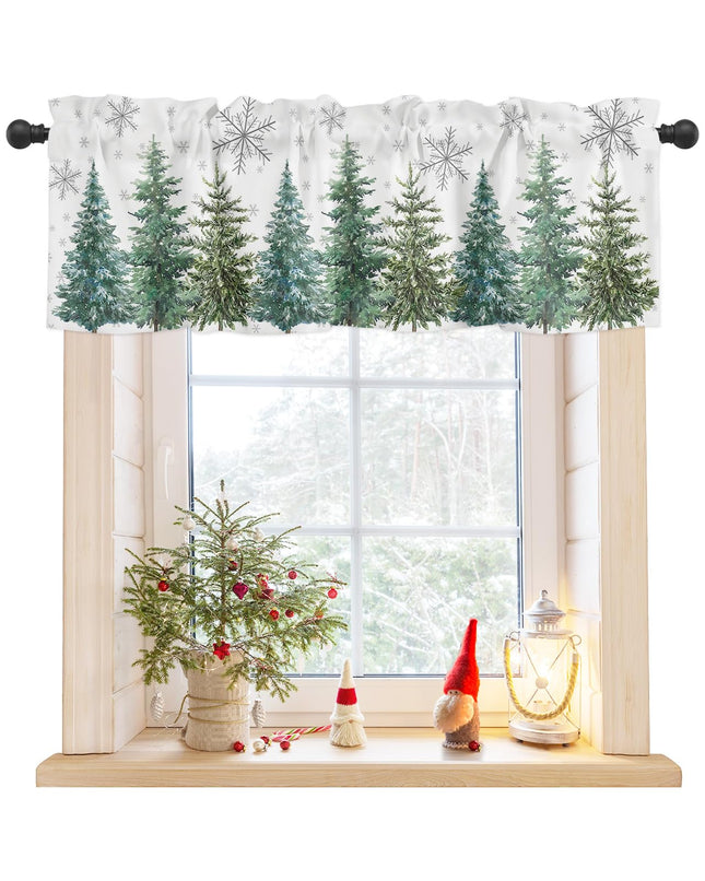 DecorLovee Green Christmas Tree Curtains Valances for Windows Living Room, Xmas Tree Curtain Toppers and Valances for Bedroom, Winter Snowflake Rod Pocket Short Shade Curtains Kitchen Valances 54"x18"