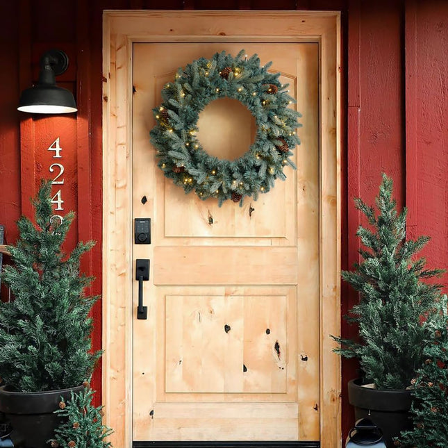 Somikis 24 Inch Christmas Wreaths for Front Door, Pre-Lit Realistic Blue Arctic Spruce Xmas Wreath with LED Lights & Pinecones, for Indoor&Outdoor Porch Windows Wall