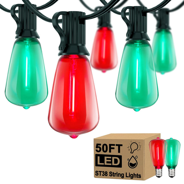 50FT Outdoor Multicolor Light String, LED Dimmable Christmas Red/Green Light Outdoor Waterproof, with 27 ST38 Shatterproof LED Filament Bulbs, Suitable for Christmas, Party, Outdoor Patio, Cafe