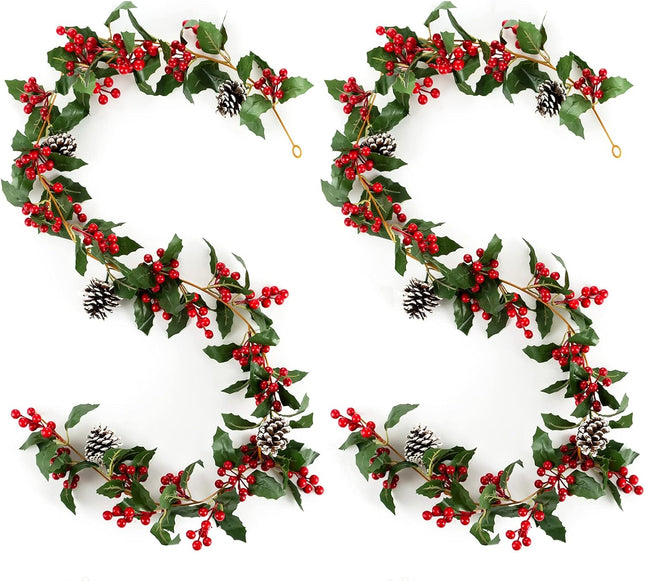 Christmas Garland Decorations for Mantle: Blosmon 2 PCS 5.7ft Red Berry Mantle Fireplace Garland Indoor Faux Christmas Swags and Garlands for Xmas Holiday Front Door Window Table Staircase Decor