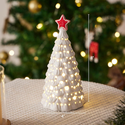 Christmas Decorations, Ceramic Christmas Tree, 8" Small Christmas Tree with Lights for Table Top, Mantle, Holiday Christmas Decor (White)