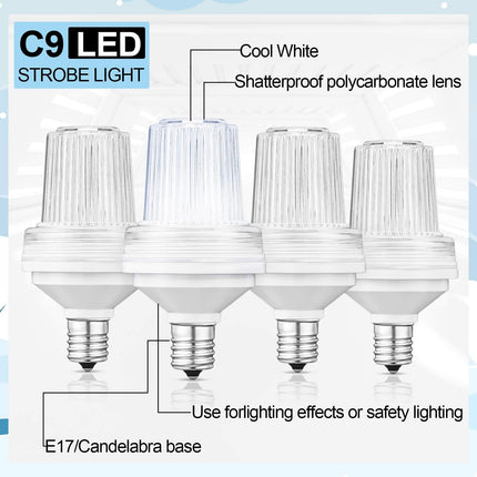 4 Pcs 120v Strobe C9 Christmas Lights Bulbs Outdoor Waterproof C9 LED Replacement Bulbs E17 Base 6000k Bright Flashing Strobe Light for Indoor Outdoor Yard Xmas Tree Decor(White)