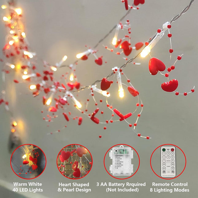 Christmas Valentines Day Heart Lights, 14Ft 40 LED Valentine Christmas Garland with Lights with Timer, Heart Bead Lights Battery Powered Valentines Day Decoration Lights for Home Bedroom Xmas Decor