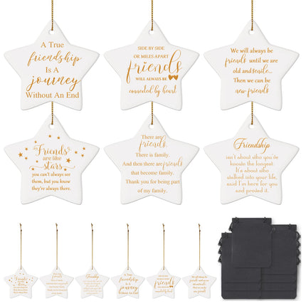 12 Pcs Friend s Ceramic Star Ornament, Christmas Tree Ornaments Star Shaped Keepsake Hanging Sign with Golden Strings and Black Velvet Bags for Friend Woman