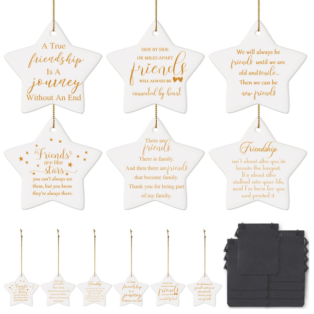 12 Pcs Friend s Ceramic Star Ornament, Christmas Tree Ornaments Star Shaped Keepsake Hanging Sign with Golden Strings and Black Velvet Bags for Friend Woman
