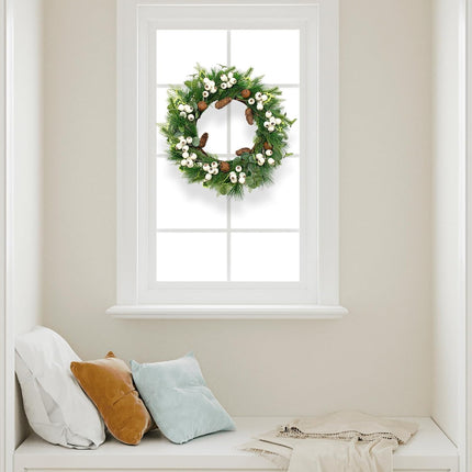 22" Christmas Wreath Artificial Winter Wreaths for Front Door Christmas Door Wreath with White Berries Pine Cones Needles Bells for Christmas and Winter Holidays