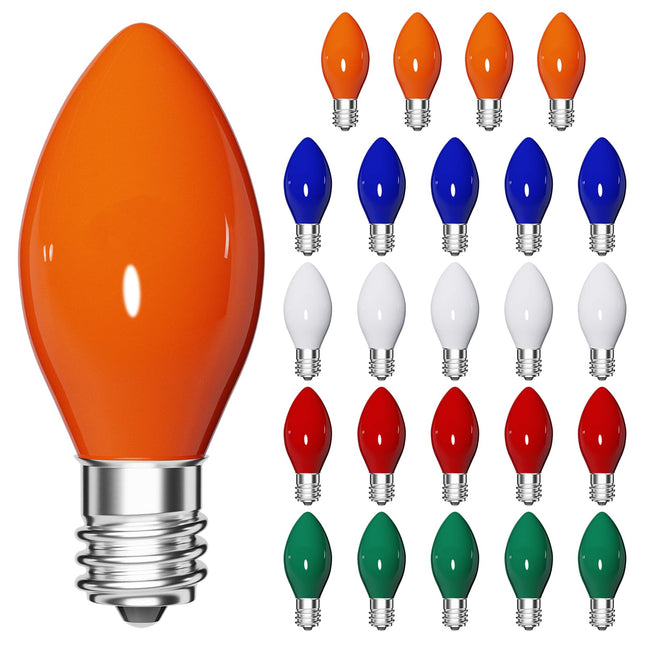 C7 Christmas Light Bulbs,Multicolor Christmas Replacement Bulbs,C7 Vintage Ceramic Incandescent Bulbs (25 Pack),E12 Candlestick Base,5W,Suitable for Christmas Indoor and Outdoor String Lights