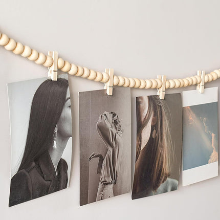 Mkono Hanging Photo Display with Clips, Boho Wooden Bead Garland Banner, Collage Card Picture Kids Art Holder String with 10 Clips for Christmas Bedroom Dorm Decor, Teen Girl s, Brown, 2 Pack
